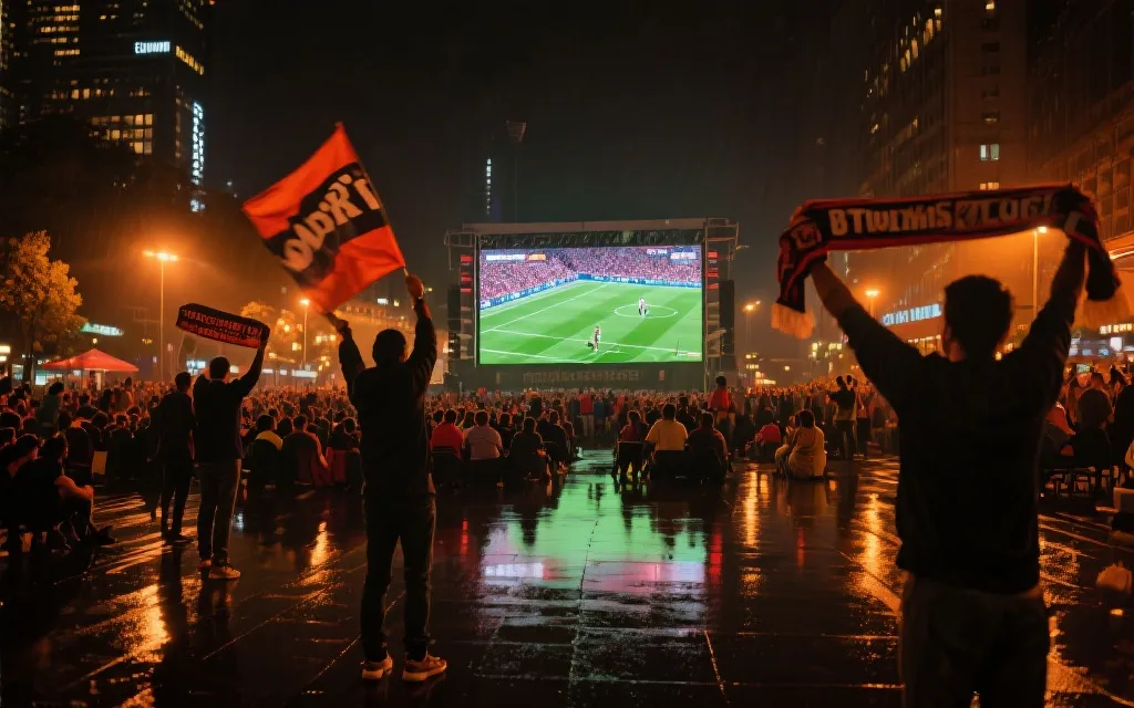 夜晚城市广场公共观赛区，球迷挥舞旗帜与围巾，暖色灯光与大屏幕