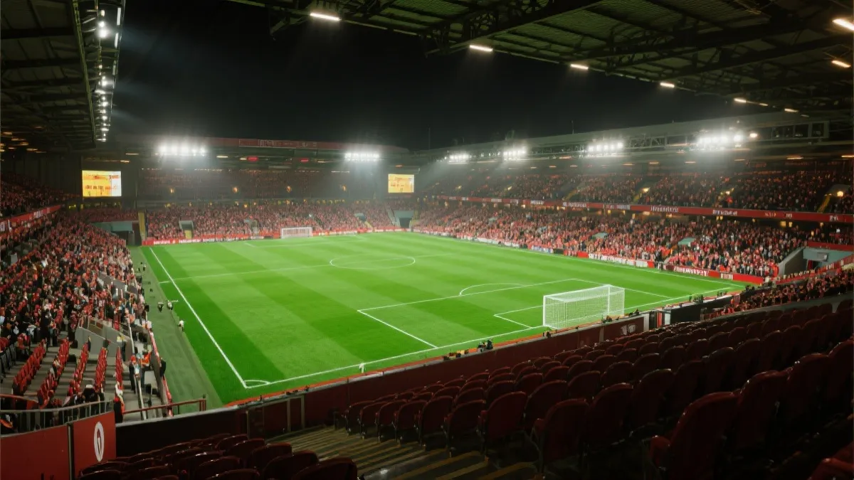球场看台内部视角与草坪，强调清晰视野与氛围灯光
