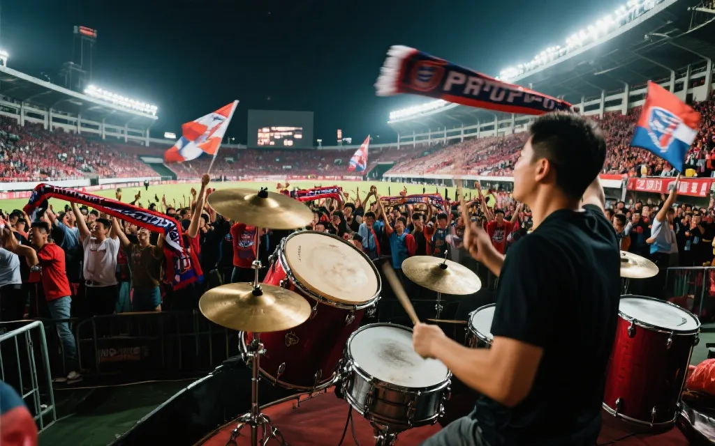 看台上球迷挥舞围巾与旗帜，鼓手在前景敲击大鼓，强烈节奏氛围